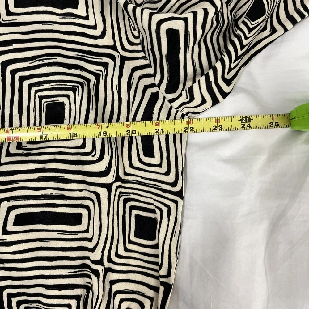 NWT ZARA M Blouse‎ Womens Black/Beige Geometric Print Drawstring Casual Office
